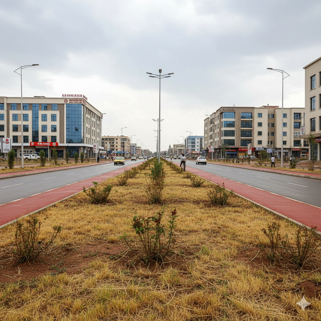 Lush green community compound with pathways and recreational space