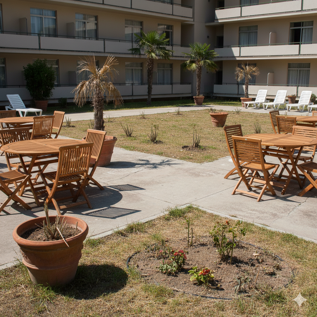 Elegant hotel outdoor lounge with lush greenery and seating
