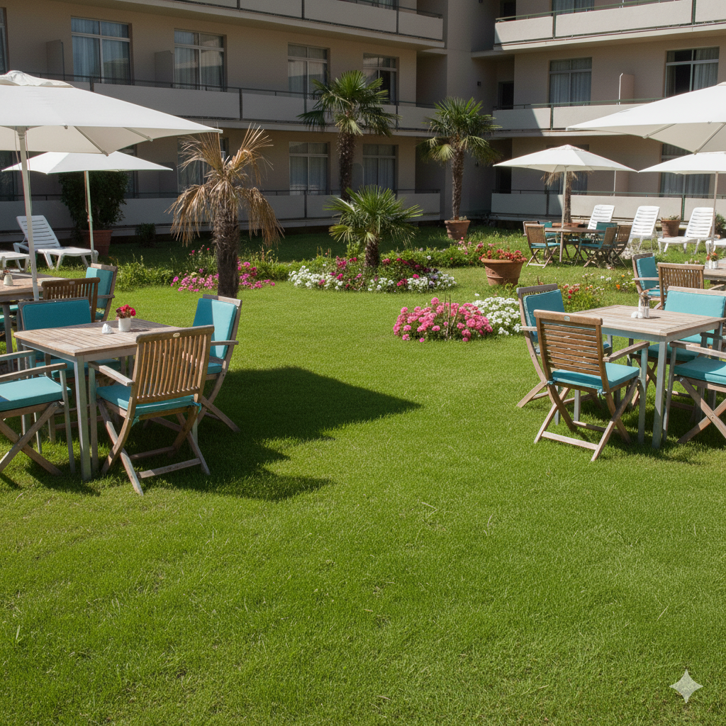 Empty hotel patio area before renovation